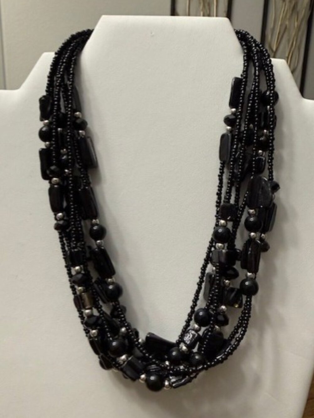 Black Multi-Strand Beaded Necklace